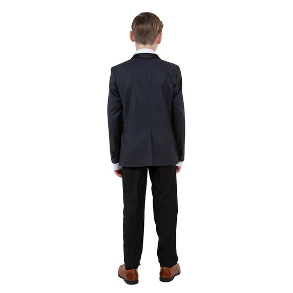 Boys 4pc Charcoal Suit Set Slim-Fit w/ Tuxedo Look by Tazzio - Picture 3 of 4